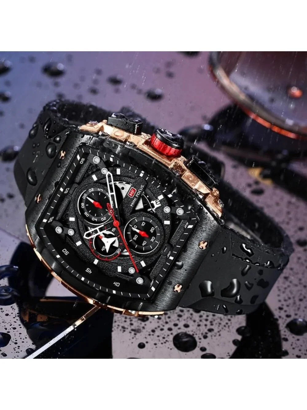 Men's Black Silicon Strap Quartz Chronograph Waterproof Luminous Tonneau Watch